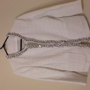 Boston Proper White Tweed Jacket with Silver Sequin Trim